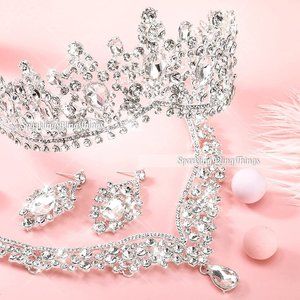 NWT Sparkling Bling Crystal Rhinestone Wedding Tiara Necklace Earrings S…